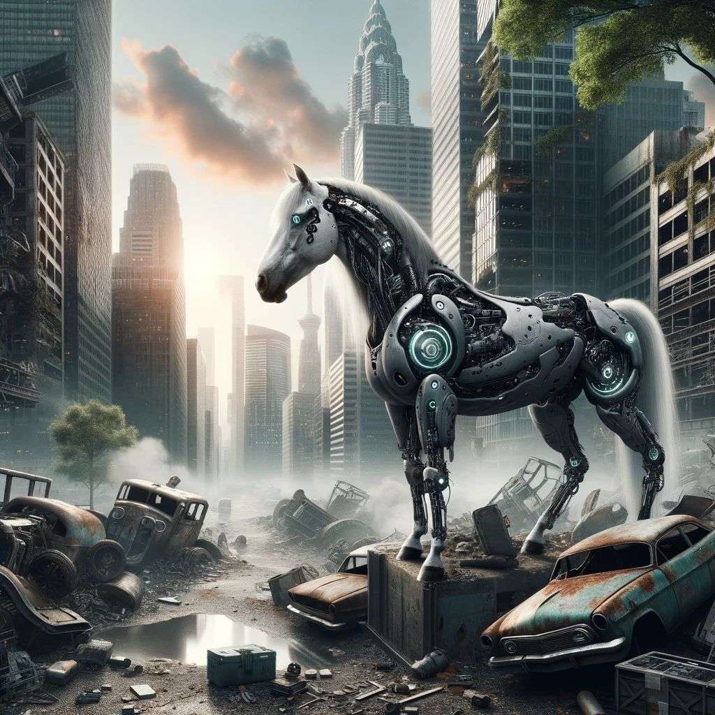 a horse, digital art, dystopia